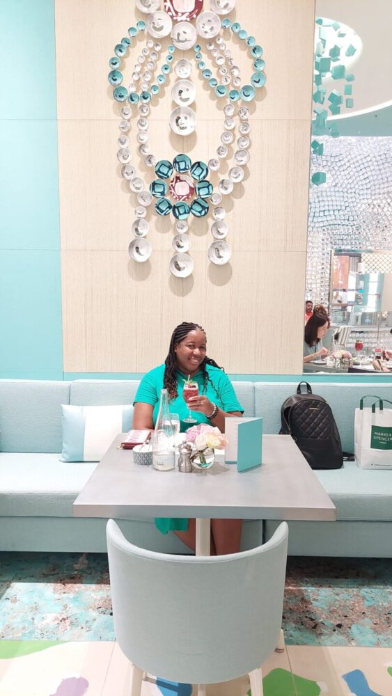 Enjoying breakfast at Tiffany's Blue Box Cafe Dubai. 